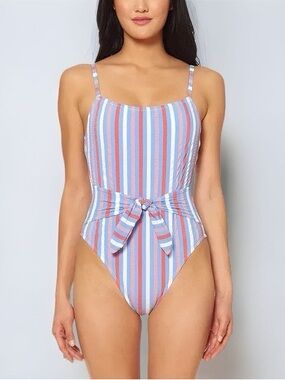 Jessica Simpson Miami Stripe Tie Waist Maillot One-Piece Swimsuit